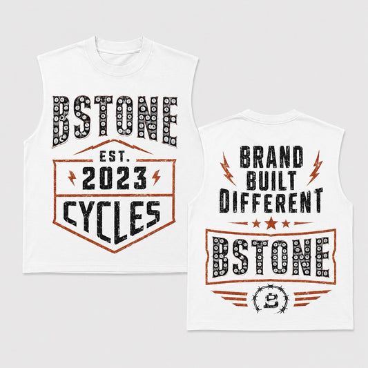 Front and back of the white Bstone Cycles Muscle Tee