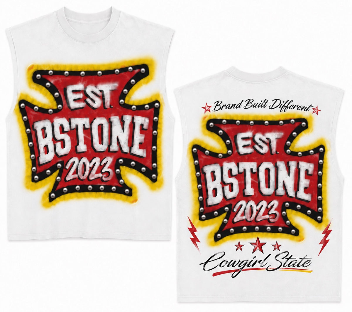 Front and back of Bstone Cowgirl State Exclusive Studded Tee with round silver metal studs