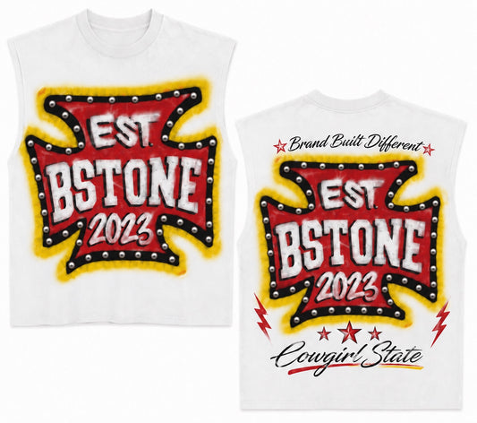 Front and back of Bstone Cowgirl State Exclusive Studded Tee with round silver metal studs