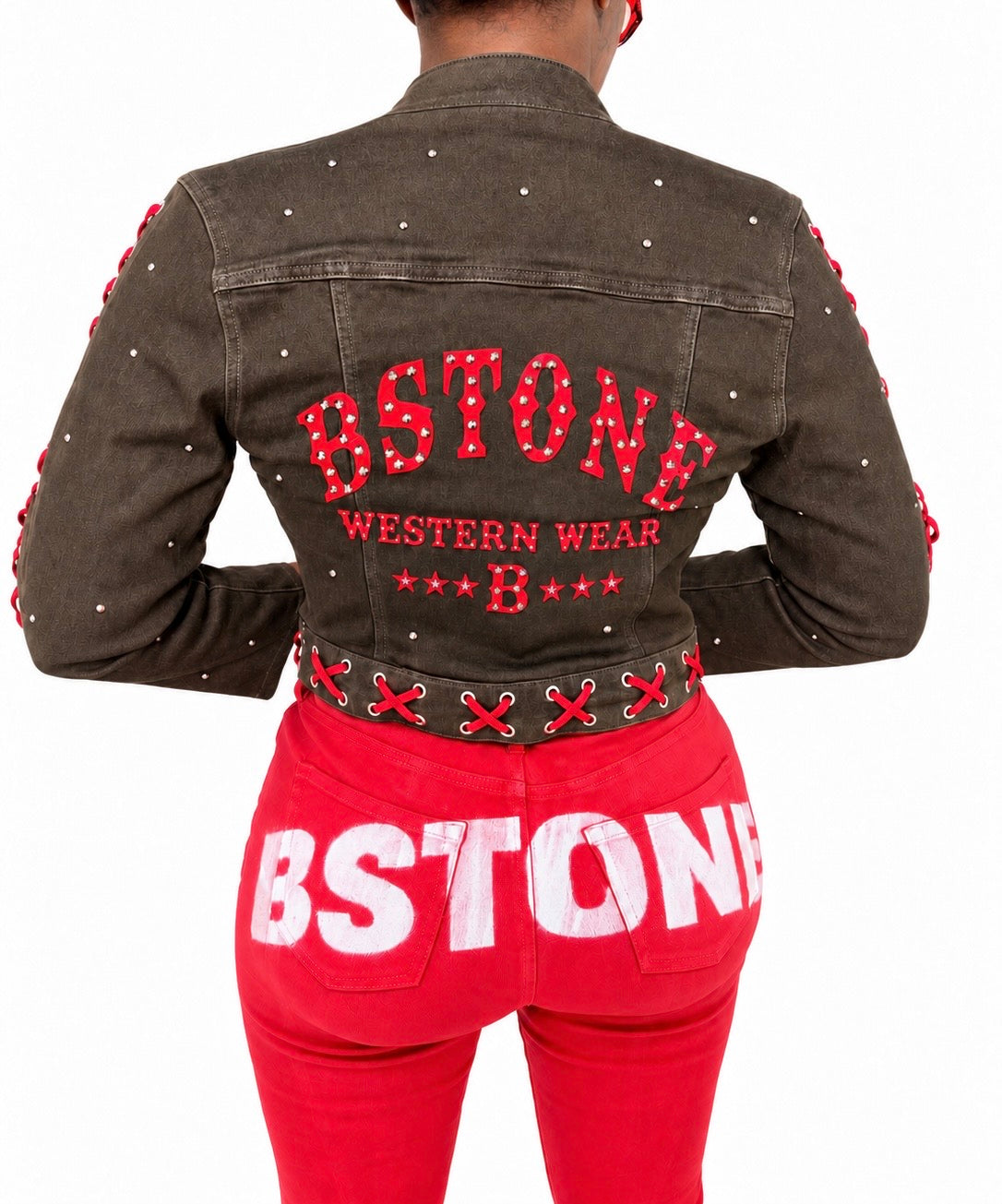 Model wearing jacket, back view