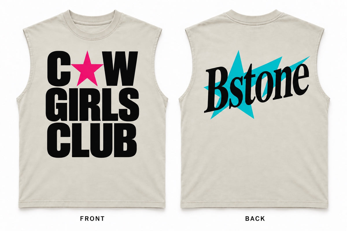 Front and back cream Cowgirls Club Muscle Tee with pink star and turquoise Bstone back graphic